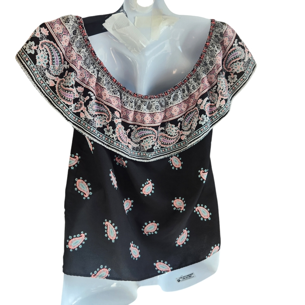 C Romantic Peasant Blouse Loose Flowy Paisly Print Ruffled Trim Bohemian/Folk L - Picture 5 of 14